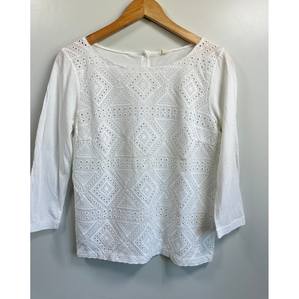 J.Crew Eyelet Top White Geometric Embroidery Boho Coastal Preppy Small Casual